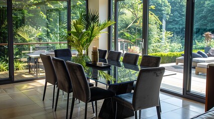 Fototapeta premium A dining table in a luxury apartment set in a bay window with views over the large decking area and gardens A large glass table with a black base and eight upholstered chairs sits in the centre