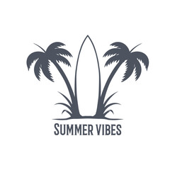 Obraz premium Palm vector illustration with surfboard. summer vibes. Summer graphic emblem. Design for t-shirt.