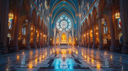 Fototapeta premium large cathedral with a stained glass window and a marble floor