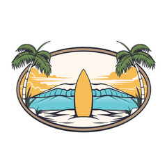 vector illustration of a beach with a surf board and trees as a frame