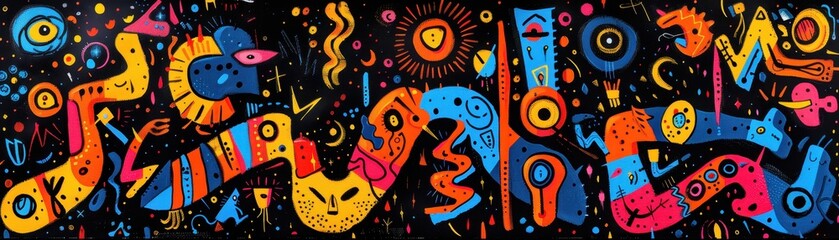 Neon orange and blue playful doodles on a black canvas