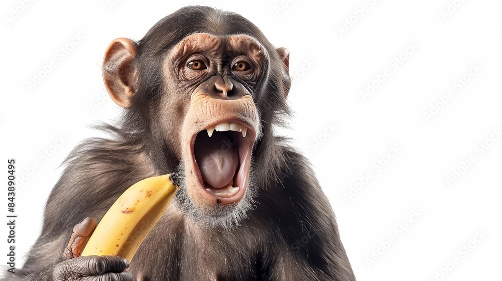 Wall mural monkey holding a banana and yawning