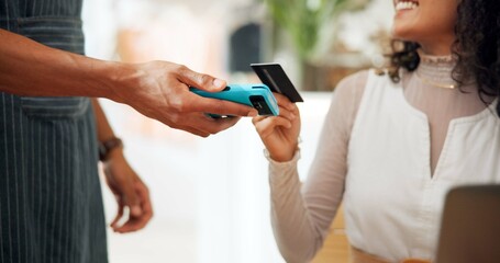 Customer, payment and credit card with woman, closeup and transaction with internet, restaurant and...