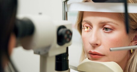 Woman, optometry and slit lamp for vision, test and care in wellness assessment with health at...