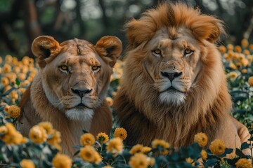 Fototapeta premium Royal Feline Partners: Lion Couple Bonding & Behavior