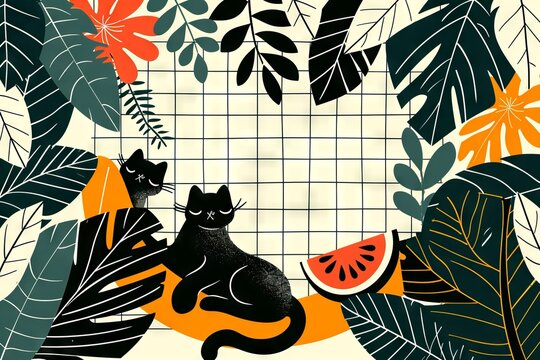 Cartoon cat happily eats a piece of watermelon.
Concept: summer holidays, joy and carefreeness, and children's books and vacation animations.