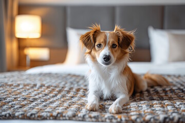 Dog lying on a bed in a cozy hotel room, concept of comfort and pet-friendly living