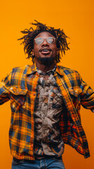 Energetic African American Man Jumping and Dancing in Stylish Outfit with Excited Expression on Yellow Background, Social Media Reaction Collage