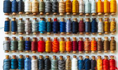 Colorful Sewing Threads and Accessories on White Background - Diverse Spools for Crafting and Sewing Projects
