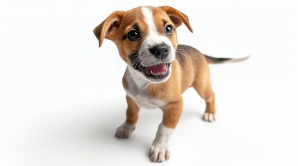 small brown and white dog standing on a white surface