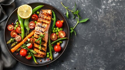 Grilled salmon fillet with fresh vegetables on dark slate background