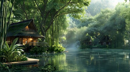 Fototapeta premium House in a cool and lush tropical forest, small lake in front, surrounded by bamboo trees and greenery