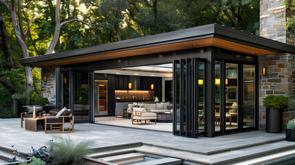 Outdoor Living Wraparound Terrace, blending indoor and outdoor living spaces. large sliding doors, comfortable seating, dining area