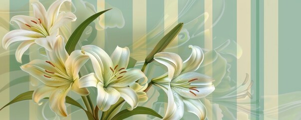 Lily Blossoms in White on Striped Background. Floral Elegance in Minimalist Design.