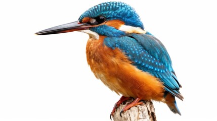 Fototapeta premium Vibrant kingfisher perched on wooden stump against white background