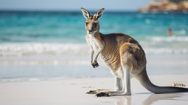 A kangaroo on the white sandy beach near the turquoise waters