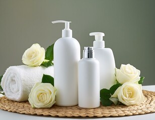 Spa set with white roses and blank bottles of skin care cosmetics