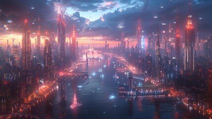 Fototapeta premium futuristic city with a river and a bridge at night