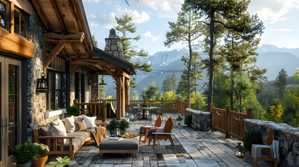 Mountain Retreat Wraparound Terrace: natural wood, stone accents, cozy seating areas,  panoramic mountain views