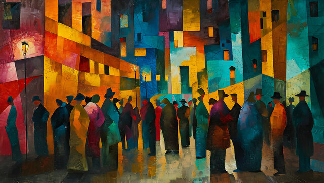 Nightlife - Crowd Painting, Cubist Style, Town art, Street Cubism, People Painting, Vintage Europe