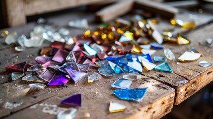 Colorful broken glass shards on rustic wooden surface