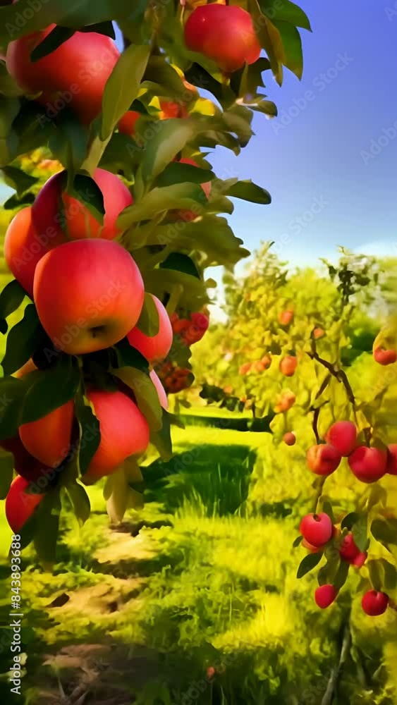 Wall mural ripe apples on the branches in the apple orchard in the autumn afternoon