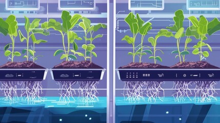 Illustration of a hydroponic farm where artificial intelligence controls the composition of the nutrient solution and watering regime for optimal growth of the plant root system. --no text --ar 16:9 -