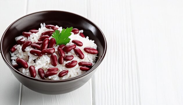 Red beans - Adzuki bean - Vigna angularis - and rice is an emblematic dish of Louisiana Creole, Japanese, Korean, and Chinese cuisine. Isolated on white background with copy space