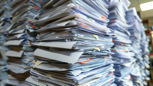 Towering stack of paperwork and documents in office setting