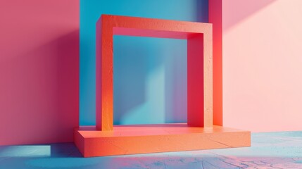 A pink and blue room with a red square in the middle