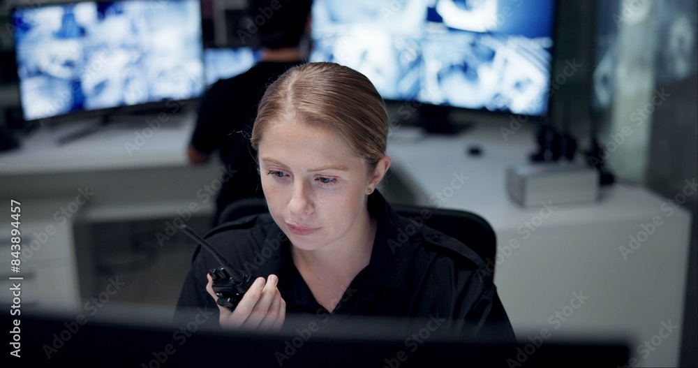 Sticker CCTV, radio and security with woman in control room for law enforcement or surveillance. Communication, safety and talking with police officer at police headquarters for crime, inspection or privacy