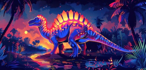 Playful neon dinosaurs in a minimalistic prehistoric landscape