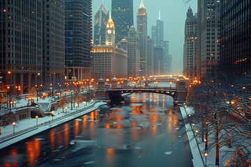 Fototapeta premium Nighttime Chicago: Urban Lights, Cityscape, Skyline Views