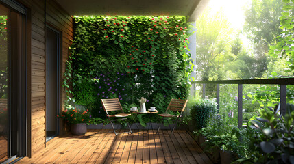 Tropical Herb Garden Balcony Terrace, herbs in pots and vertical planters, small table and chairs