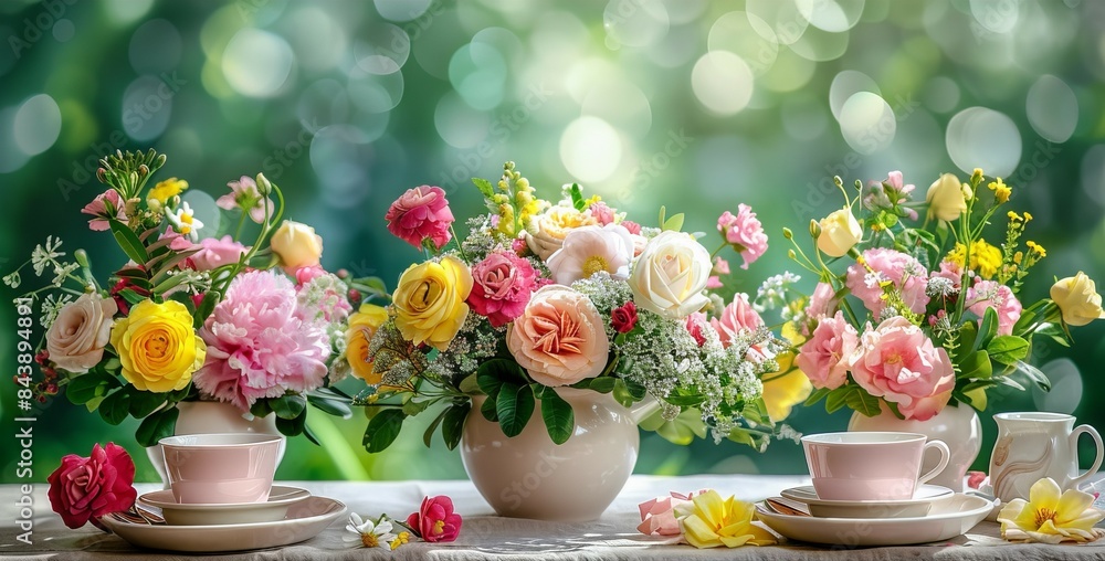 Wall mural three bouquets of roses in ceramic vases. cups of tea and morning freshness and calm. concept: home 