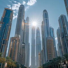Obraz premium view of a city with tall buildings and palm trees