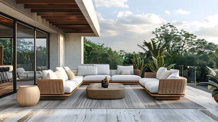 Minimalist white balcony terrace, clean lines, sleek furniture, elegant outdoor space, tropical climate