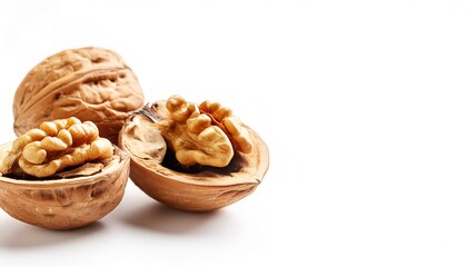 Fototapeta premium walnut - Juglans regia - are most often eaten on their own as a snack but can also be added to salads, pastas, breakfast cereals, soups, and baked goods. Isolated on white or light background