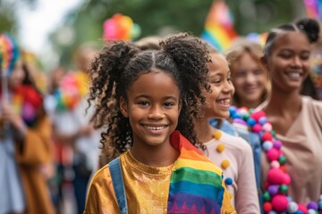 Naklejka premium A group of young people are smiling and holding rainbow flags. The girl in the center is wearing a gold shirt and a rainbow scarf
