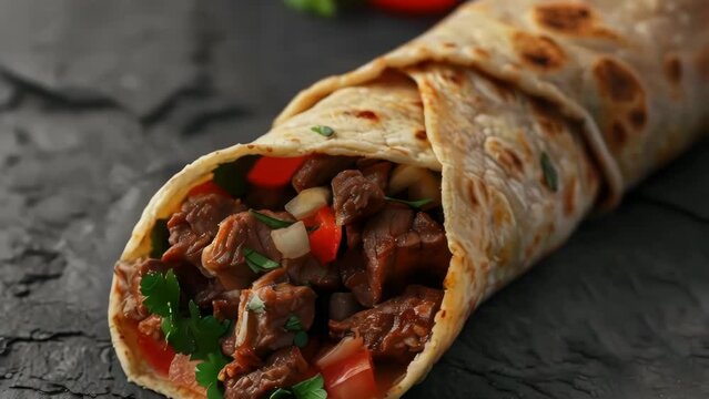 Burrito filled with meat and vegetables