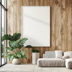 A photo of a large wood panel wall with a white blank poster frame, depicting a modern living room interior design