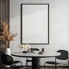A mockup of an empty blank poster frame on the wall in the dining room, with a modern interior design featuring a white and black color scheme in the style of Scandinavian style