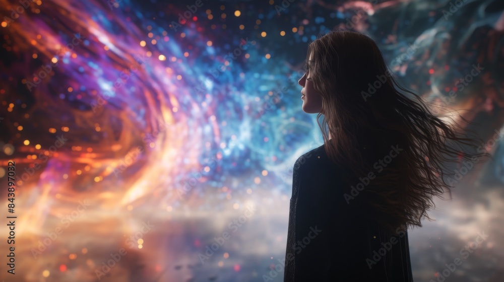 Poster photo studio of the future, where a neural network automatically adapts the background of the image 