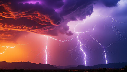 Multiple Lightning Strikes During Sunset Over Desert Landscape