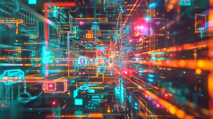 Photo of a smart greenhouse complex, where neural networks analyze sensor data and control heating, cooling and ventilation systems to create an ideal microclimate. ::3 neon ::3 --no text --ar 16:9 -