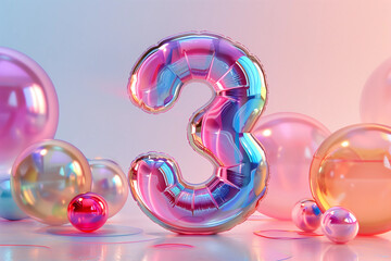 Bright rainbow inflatable balloon number three on festive pastel background.