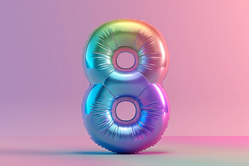 Bright rainbow inflatable balloon number eight on festive pastel background.