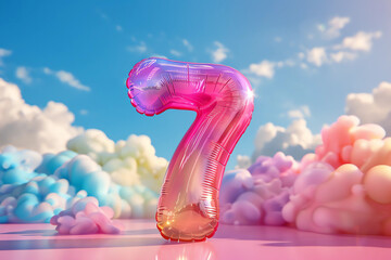 Bright rainbow inflatable balloon number seven on festive pastel background.