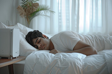 A man is sleeping on a bed with a white pillow