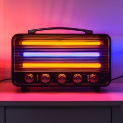 Obraz premium Vintage-style portable audio radio emitting warm orange and cool blue glowing internal light tubes isolated on white background.